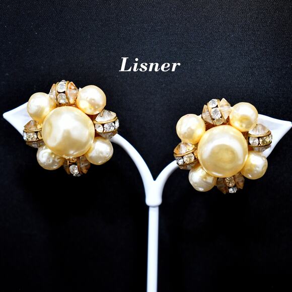 Vintage Lisner Clip On Earrings, Champagne Faux Pearl Rhinestone, 1950s Jewelry - Picture 1 of 10
